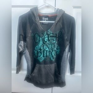 Crash & Burn Patchwork Hoodie – Charcoal, Turquoise & Rhinestones